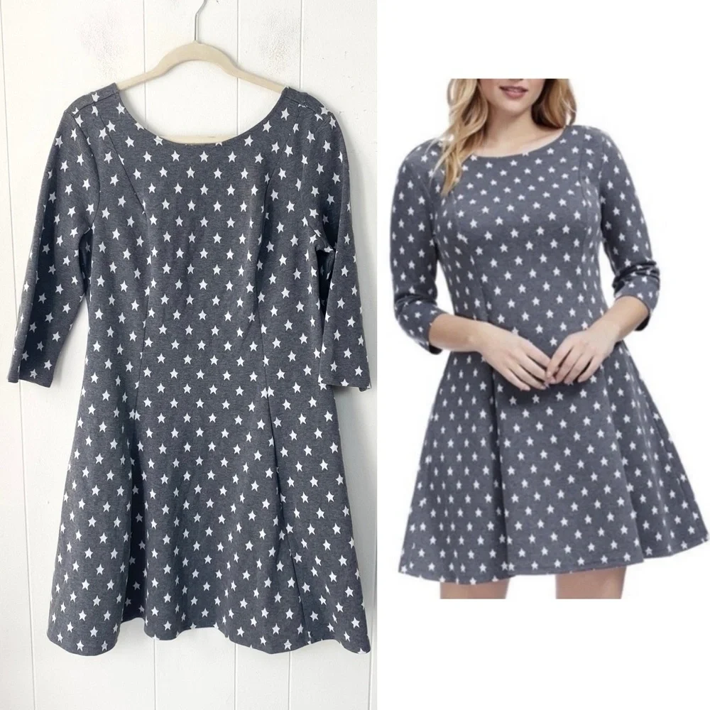 MODCLOTH Mini Dress Women Sz XL Gray Star Print 3/4 Sleeve A-Line Sheath Pleated - Picture 1 of 11